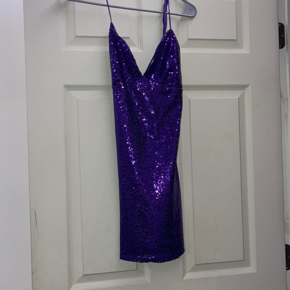 Purple sequence mini hoco dress open tie up back